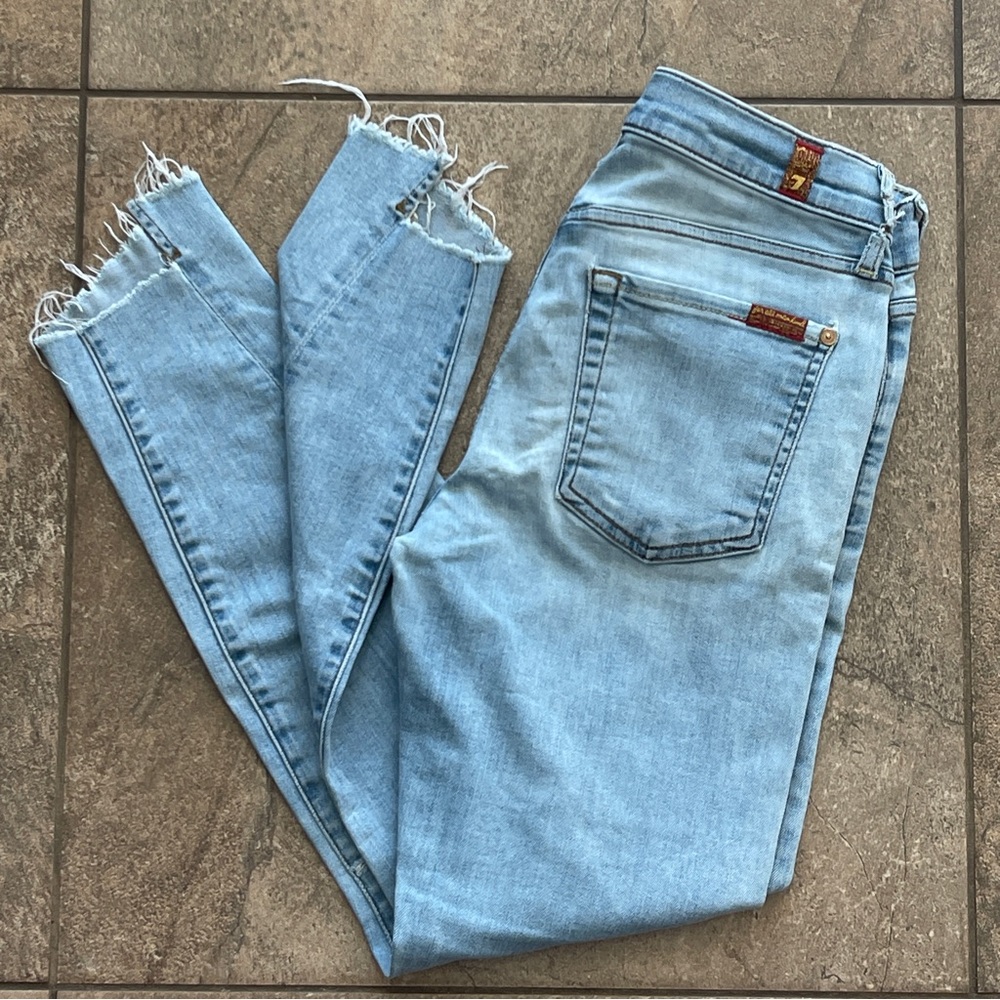 7 For All Mankind The Ankle Skinny Light Blue Frayed Hem Jeans Size 27 | US 6